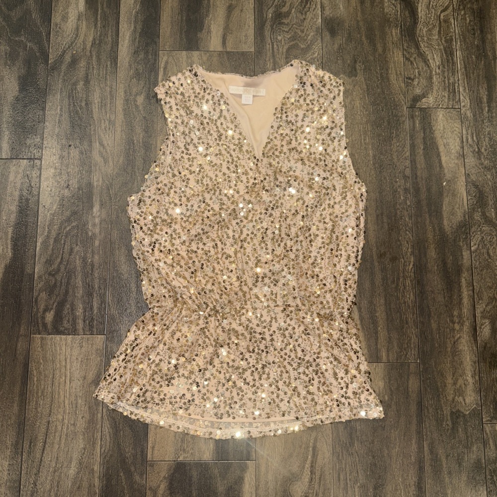 Boston Proper Sleeveless V-Neck Top Women's Size M Beige Shiny